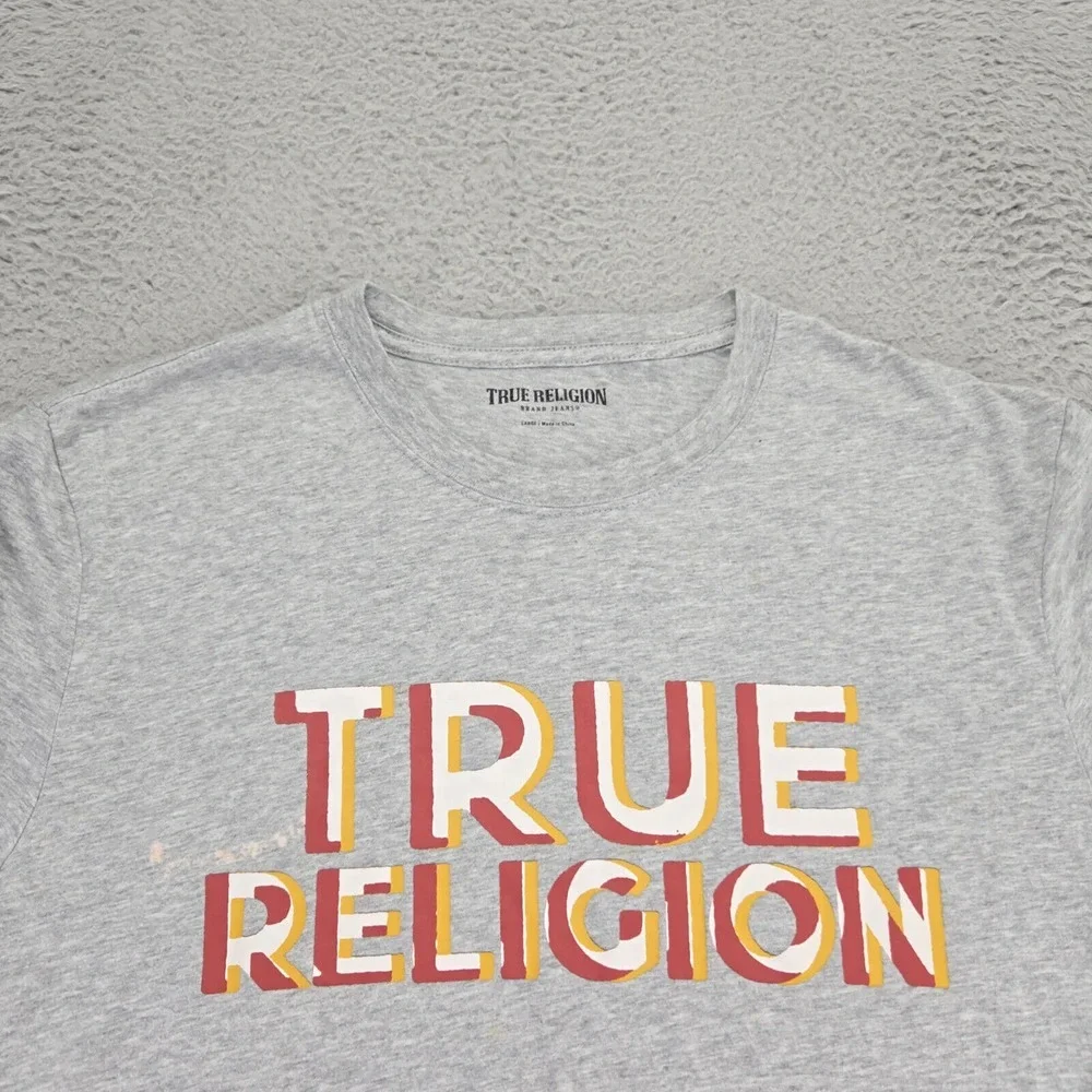 True Religion Shirt Mens Large Gray Heather Spellout‎ Long Sleeve Crew Neck